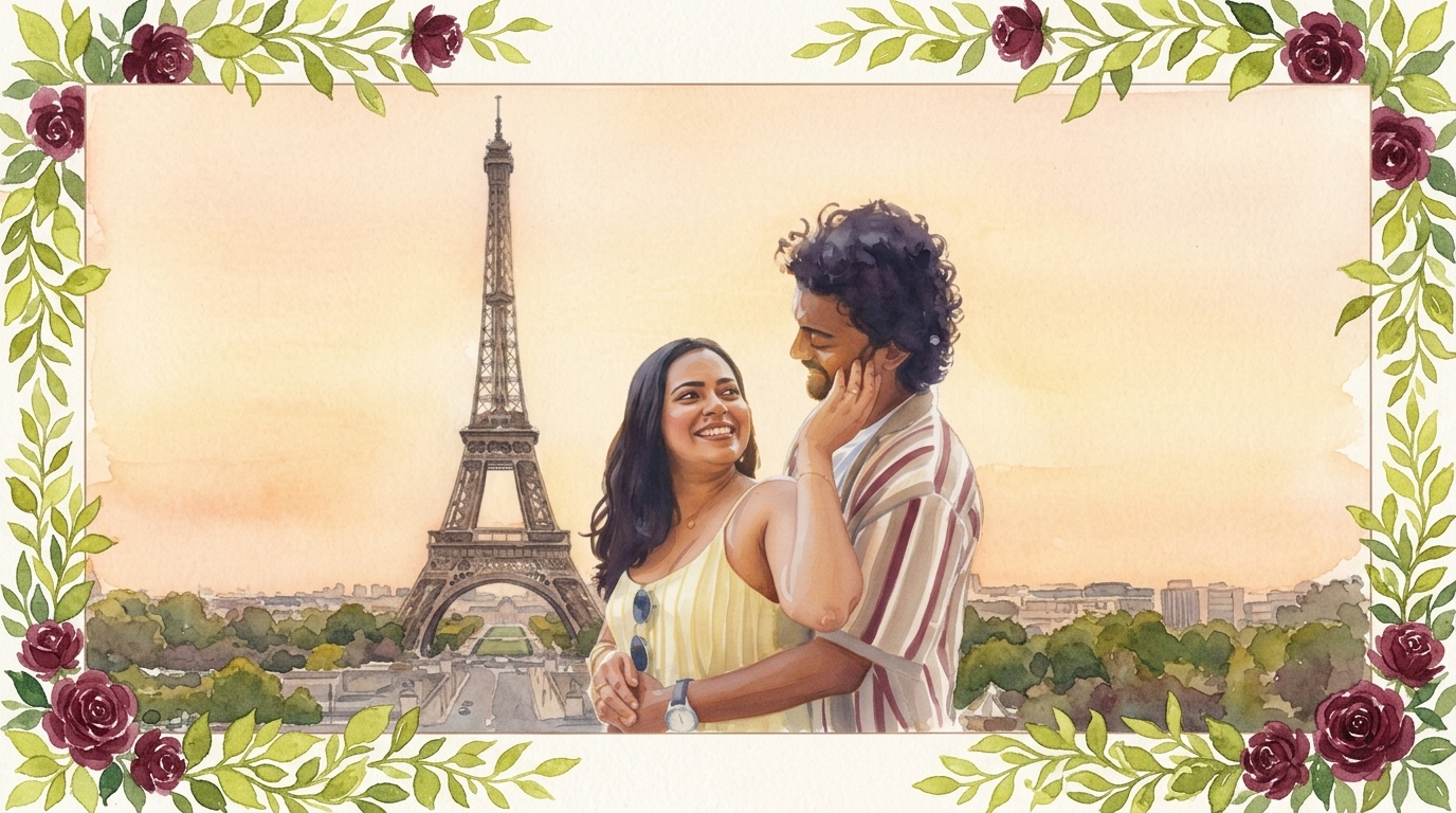 Ashik & Jerrin in Paris with Eiffel Tower and Botanical Flowers
